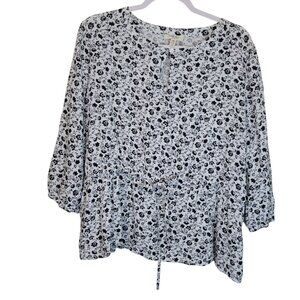 Como Blu Womens 2X Floral Print Black & White Blouse With Tie Waist Career